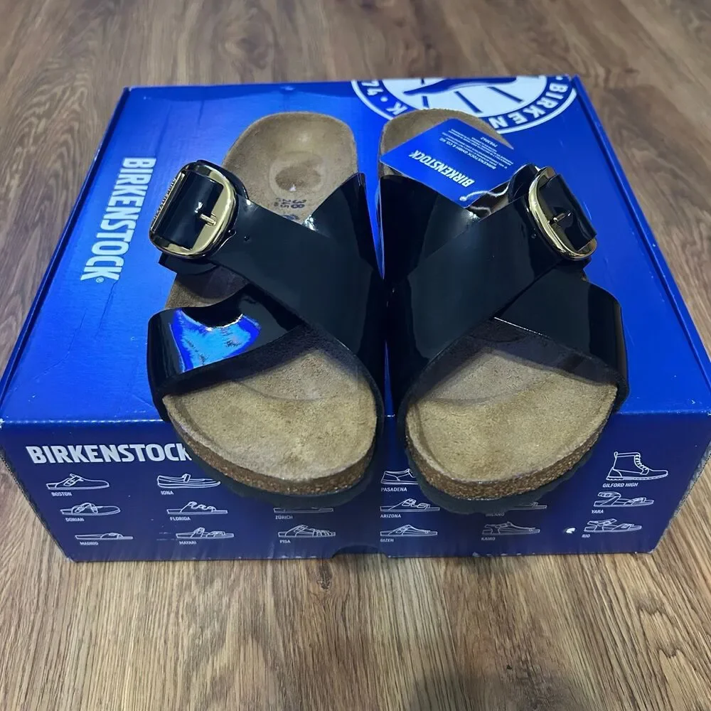BIRKENSTOCK Siena big buckle black patent sandals shoes women’s eur 38 new